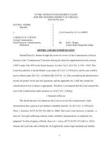 IN THE UNITED STATES DISTRICT COURT FOR THE WESTERN DISTRICT OF VIRGINIA Danville Division DAVID L. HAMM, Plaintiff, v.