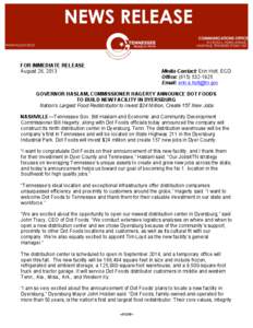 FOR IMMEDIATE RELEASE August 26, 2013 Media Contact: Erin Holt, ECD Office: ([removed]Email: [removed]