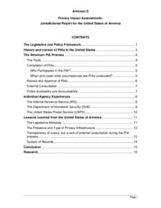 APPENDIX D Privacy Impact Assessments: Jurisdictional Report for the United States of America CONTENTS The Legislative and Policy Framework .............................................................1