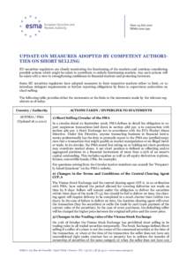 Date: 24 July 2012 ESMA/2011/39a UPDATE ON MEASURES ADOPTED BY COMPETENT AUTHORITIES ON SHORT SELLING EU securities regulators are closely monitoring the functioning of the markets and continue considering possible actio