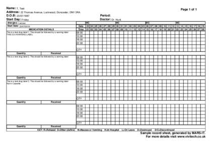 Name: T, Test Address: 22 Thomas Avenue, Lockwood, Doncaster, DN1 3RA D.O.B: Start Day: Friday Allergies: Lactose Start Date: 