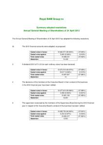 Royal BAM Group nv  Summary adopted resolutions Annual General Meeting of Shareholders of 24 AprilThe Annual General Meeting of Shareholders of 24 April 2013 has adopted the following resolutions.