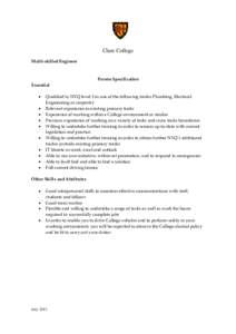 Clare College Multi-skilled Engineer Person Specification Essential 