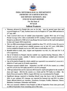 INDIA METEOROLOGICAL DEPARTMENT (MINISTRY OF EARTH SCIENCES) SOUTHWEST MONSOONEND OF SEASON REPORT For the State of PUNJAB