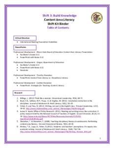 Shift 3: Build Knowledge Content Area Literacy Shift Kit Binder Table of Contents  Critical Direction