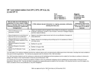 OP 1 and related matters from OP 5, OP 6, OP 8 (a), (b), (c) and OP 10 State: Date of Report: Date of Addendum 1: Date of Addendum 2: