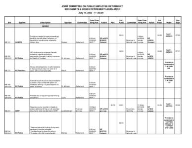 JOINT COMMITTEE ON PUBLIC EMPLOYEE RETIREMENT 2003 SENATE & HOUSE RETIREMENT LEGISLATION July 14, [removed]:36 am Bill