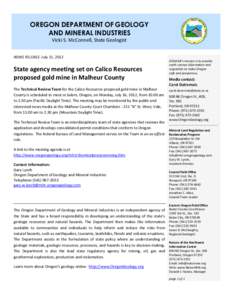 DOGAMI news release[removed]: State agency meeting set on Calico Resources proposed gold mine in Malheur County