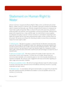 Statement on Human Right to Water Johnson & Johnson recognizes the Human Right to Water, which, as defined by the United Nations, entitles everyone to sufficient, safe, acceptable, physically accessible and affordable wa