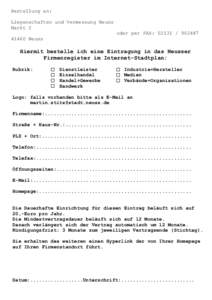 Bestellung an: Liegenschaften und Vermessung Neuss MarktNeuss  oder per FAX: 