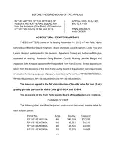 BEFORE THE IDAHO BOARD OF TAX APPEALS IN THE MATTER OF THE APPEALS OF ROBERT AND KATHERINE BILLINGTON from the decisions of the Board of Equalization of Twin Falls County for tax year 2012.