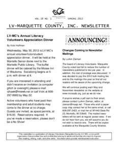 VOL.18 NO. 1  SPRING 2012 AFFILIATE  LV-MARQUETTE COUNTY, INC. NEWSLETTER