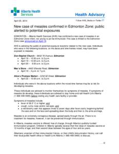 New case of measles confirmed in Edmonton Zone: public alerted to potential exposures