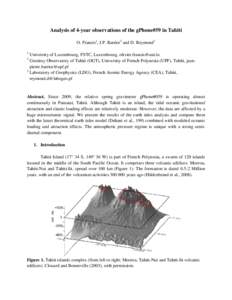 Analysis of 4-year observations of the gPhone#59 in Tahiti O. Francis1, J.P. Barriot2 and D. Reymond3 1 University of Luxembourg, FSTC, Luxembourg, [removed] Geodesy Observatory of Tahiti (OGT), University o