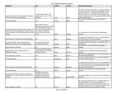 2011 SABCS Disclosure Report Program # Title  F. Name