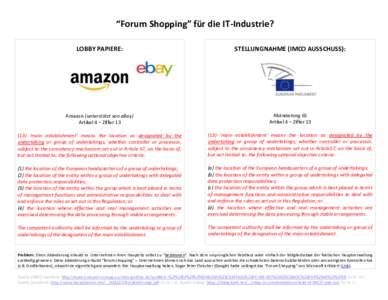 “Forum Shopping” für die IT-Industrie? LOBBY PAPIERE: STELLUNGNAHME (IMCO AUSSCHUSS):  Amazon (unterstützt von eBay)