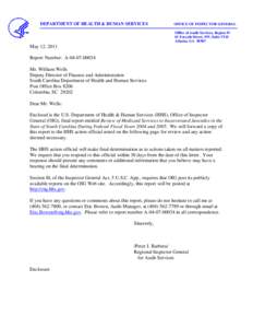 Review of Medicaid Services to Incarcerated Juveniles in the State of South Carolina During Federal Fiscal Years 2004 and[removed]A[removed])