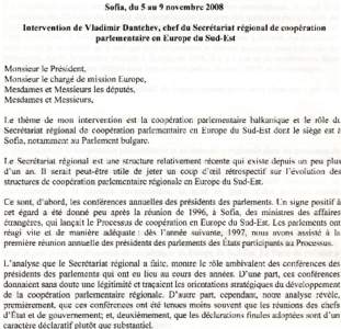 Sofia,du 5 au 9 novembre2008 Interuentionde Vladimir Dantchev,chefdu Secrétariatrégionalde coopération parlementaire en Europedu Sud-Est  Monsieurle Président,