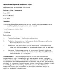 Demonstrating the Greenhouse Effect Demonstrate how the greenhouse effect works. Difficulty / Time Commitment: 8 out of 10 Coolness Factor: 5 out of 10