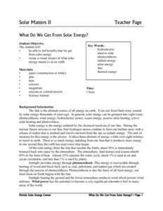 Solar Matters II  Teacher Page What Do We Get From Solar Energy? Student Objective