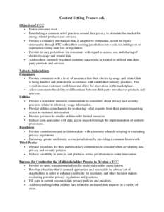 Context Setting Framework Objective of VCC Foster consumer trust Establishing a common set of practices around data privacy to stimulate the market for energy related products and services. Provide a voluntary mechanism 