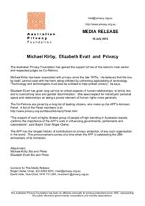 Privacy law / Elizabeth Evatt / Australia / Australian Privacy Foundation / Michael Kirby / Internet privacy / Kirby / Ethics / Human rights / Privacy