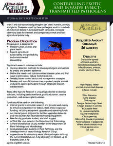 CONTROLLING EXOTIC AND INVASIVE INSECTTRANSMITTED PATHOGENS FY 2016 & 2017 Exceptional Item Insect- and tick-transmitted pathogens can infect humans, animals, and plants. Diseases caused by these pathogens result in hund