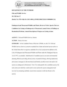 This document is scheduled to be published in the Federal Register on[removed]and available online at http://federalregister.gov/a[removed], and on FDsys.gov DEPARTMENT OF THE INTERIOR Fish and Wildlife Service