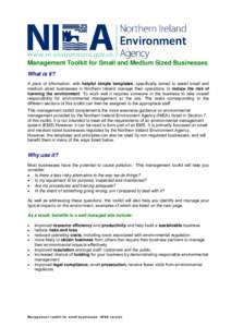 Management Toolkit for Small and Medium Sized Businesses What is it? A pack of information, with helpful simple templates, specifically aimed to assist small and medium sized businesses in Northern Ireland manage their o