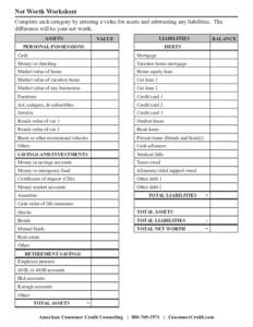 Net Worth Worksheet Complete each category by entering a value for assets and subtracting any liabilities. The difference will be your net worth. ASSETS  LIABILITIES