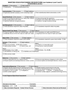 MANITOBA EDUCATION FUNDING DECISION FORM (Low Incidence Level 2 and 3) FOR DEPARTMENTAL USE ONLY Academic No concerns High incidence