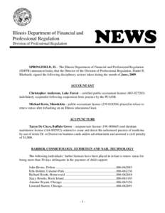 Illinois Department of Financial and Professional Regulation Division of Professional Regulation NEWS