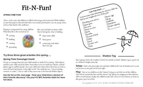 Fit-N-Fun! SPRING TIME FUN! Three- to five-year-old children are filled with energy and excitement! While toddlers are just learning to walk and make their way around, preschoolers can run, jump, chase, and use their han