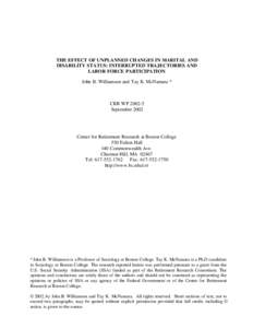 THE EFFECT OF UNPLANNED CHANGES IN MARITAL AND DISABILITY STATUS: INTERRUPTED TRAJECTORIES AND LABOR FORCE PARTICIPATION John B. Williamson and Tay K. McNamara *  CRR WP[removed]