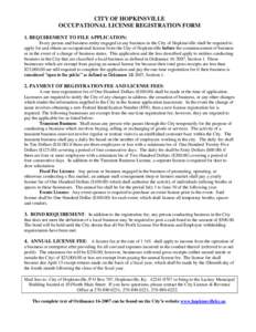 CITY OF HOPKINSVILLE OCCUPATIONAL LICENSE REGISTRATION FORM 1. REQUIREMENT TO FILE APPLICATION: