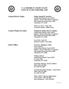 U. S. DISTRICT COURT STAFF CONTACT LIST FOR MDL-2187 Assigned District Judge:  Judge Joseph R. Goodwin