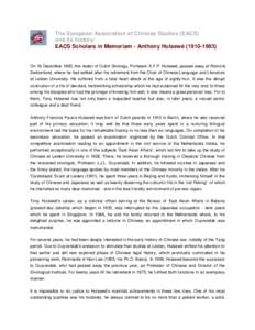 The European Association of Chinese Studies (EACS) and its history: EACS Scholars in Memoriam - Anthony Hulsewé ([removed])