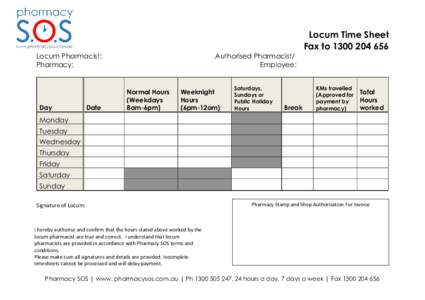 Locum Time Sheet Fax toLocum Pharmacist: Pharmacy:  Day