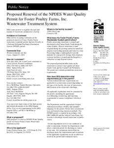 Public Notice  By: Jane Doe Proposed Renewal of the NPDES Water Quality Permit for Foster Poultry Farms, Inc.