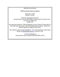 Meeting Announcement  MTCA Science Advisory Board November 9, 2004 9:00 am- 3:30 pm Plymouth Congregational Church