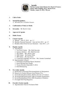 Agenda Florence County School District Five Board of Trustees District Office Building, 156 E. Marion Street Monday, August 25, 2014, 7:00 p.m.  1.