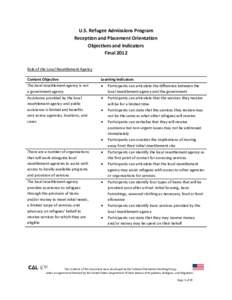 U.S. Refugee Admissions Program Reception and Placement Orientation Objectives and Indicators Final 2012 Role of the Local Resettlement Agency Content Objective