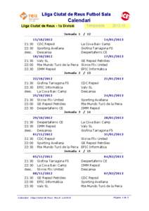 Lliga Ciutat de Reus Futbol Sala  Calendari Lliga Ciutat de Reus - 1a Divisió Jornada 1