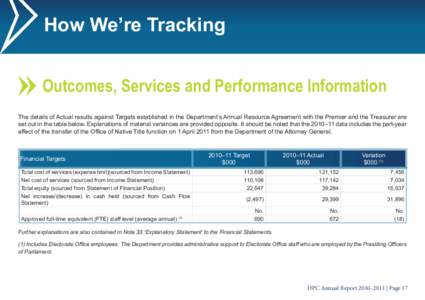 How We’re Tracking Outcomes, Services and Performance Information The details of Actual results against Targets established in the Department’s Annual Resource Agreement with the Premier and the Treasurer are set out