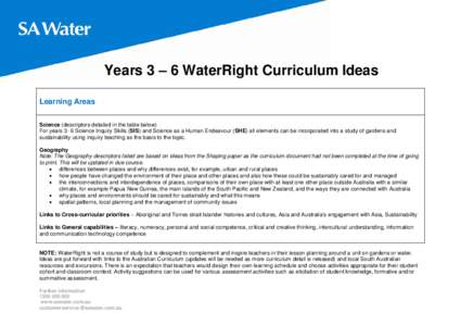 Years 3 – 6 WaterRight Curriculum Ideas Learning Areas Science (descriptors detailed in the table below) For years 3- 6 Science Inquiry Skills (SIS) and Science as a Human Endeavour (SHE) all elements can be incorporat