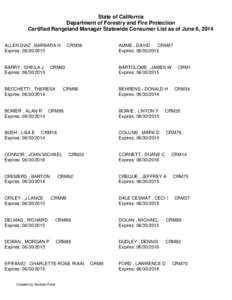 State of California Department of Forestry and Fire Protection Certified Rangeland Manager Statewide Consumer List as of June 6, 2014 ALLEN DIAZ , BARBARA H Expires: [removed]