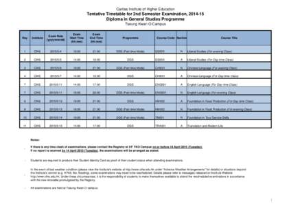 Caritas Institute of Higher Education  Tentative Timetable for 2nd Semester Examination, Diploma in General Studies Programme Tseung Kwan O Campus Exam