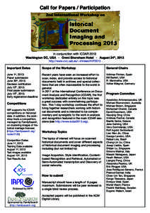 Call for Papers / Participation  In conjunction with ICDAR 2013 Washington DC, USA · Omni Shoreham Hotel · August 24th, 2013 http://www.cvc.uab.es/~vfrinken/HIP2013