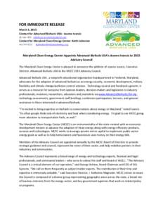 FOR IMMEDIATE RELEASE March 3, 2015 Contact for Advanced Biofuels USA: Joanne Ivancic  