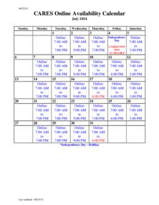 [removed]CARES Online Availability Calendar July 2014 Sunday